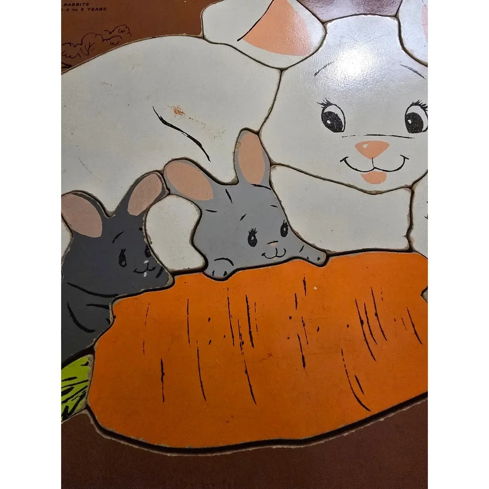 Vintage Playskool Wooden Inlay Puzzle Rabbits Bunnies Carrot 13 Pieces